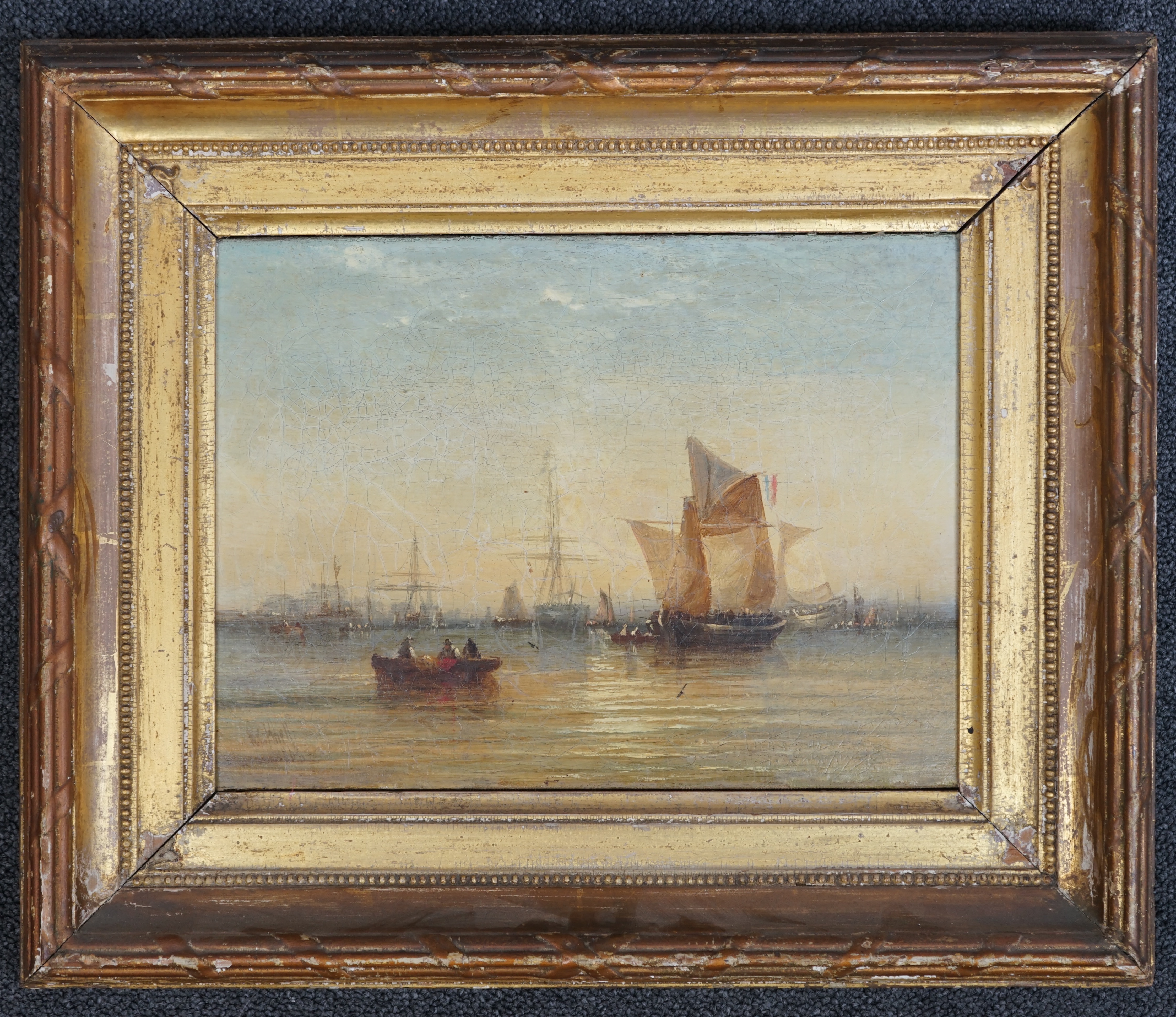 William Callcott Knell (British, 1830-1876), Shipping at anchor on a calm sea, oil on canvas, 22 x 29cm